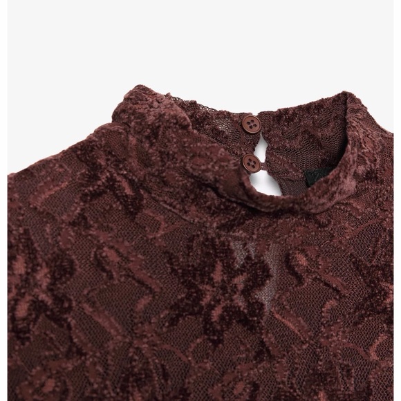Zara burgundy lace mini dress with bell sleeves Size S - Picture 3 of 6